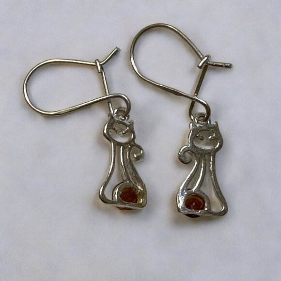 Sterling Silver 925 Petite Baltic Amber Silver Kitten Earrings - Picture 11 of 12
